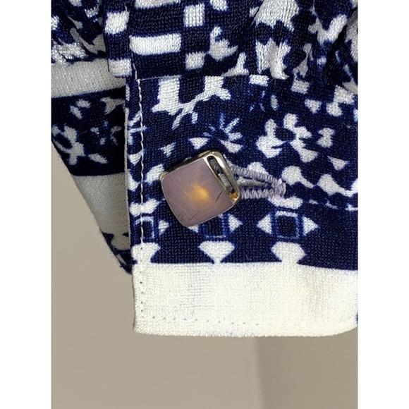 Vintage 70s Bold Geo Graphic Blue White PUS8Y Bow Lilac Mood Style Buttons ~SZ M - Picture 12 of 13